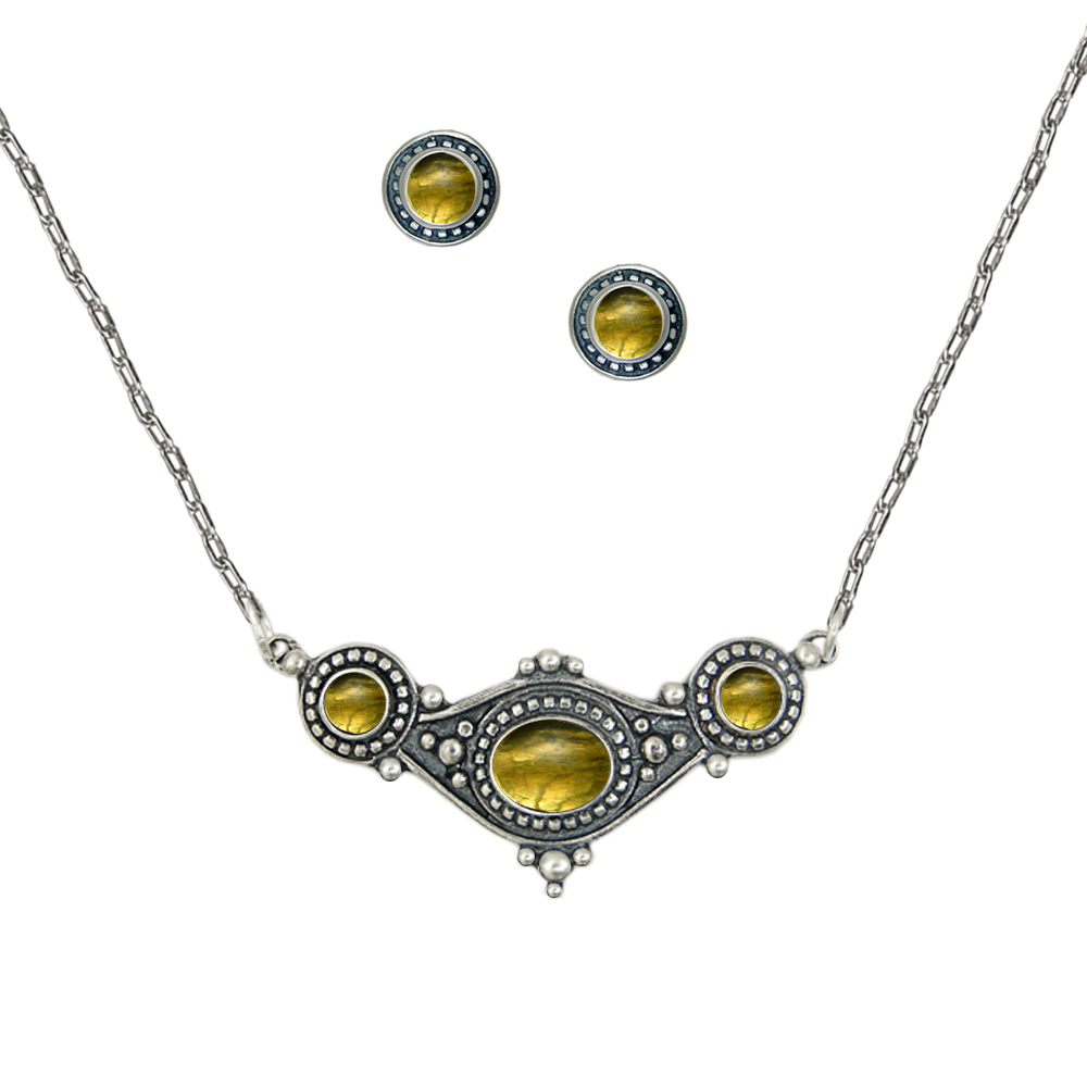 Sterling Silver Designer Necklace Earrings Set in Citrine